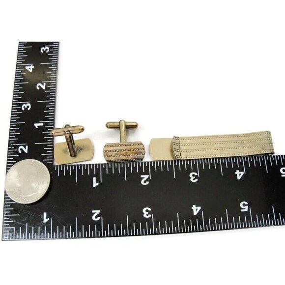 Long Wide Tie Bar & Cufflink Set Faded Gold Tone Tarnished Shirt Vintage - Picture 5 of 7